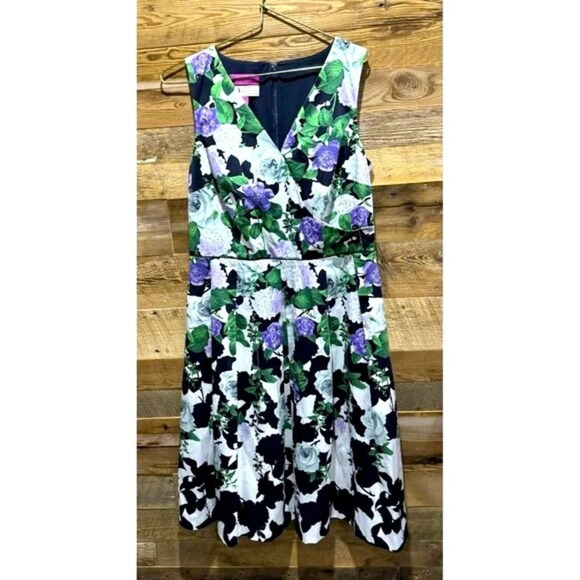 Talbots  X Oprah Floral Hydrangea Fit Flare Dress US8 Purple Green Wedding party - Picture 1 of 5